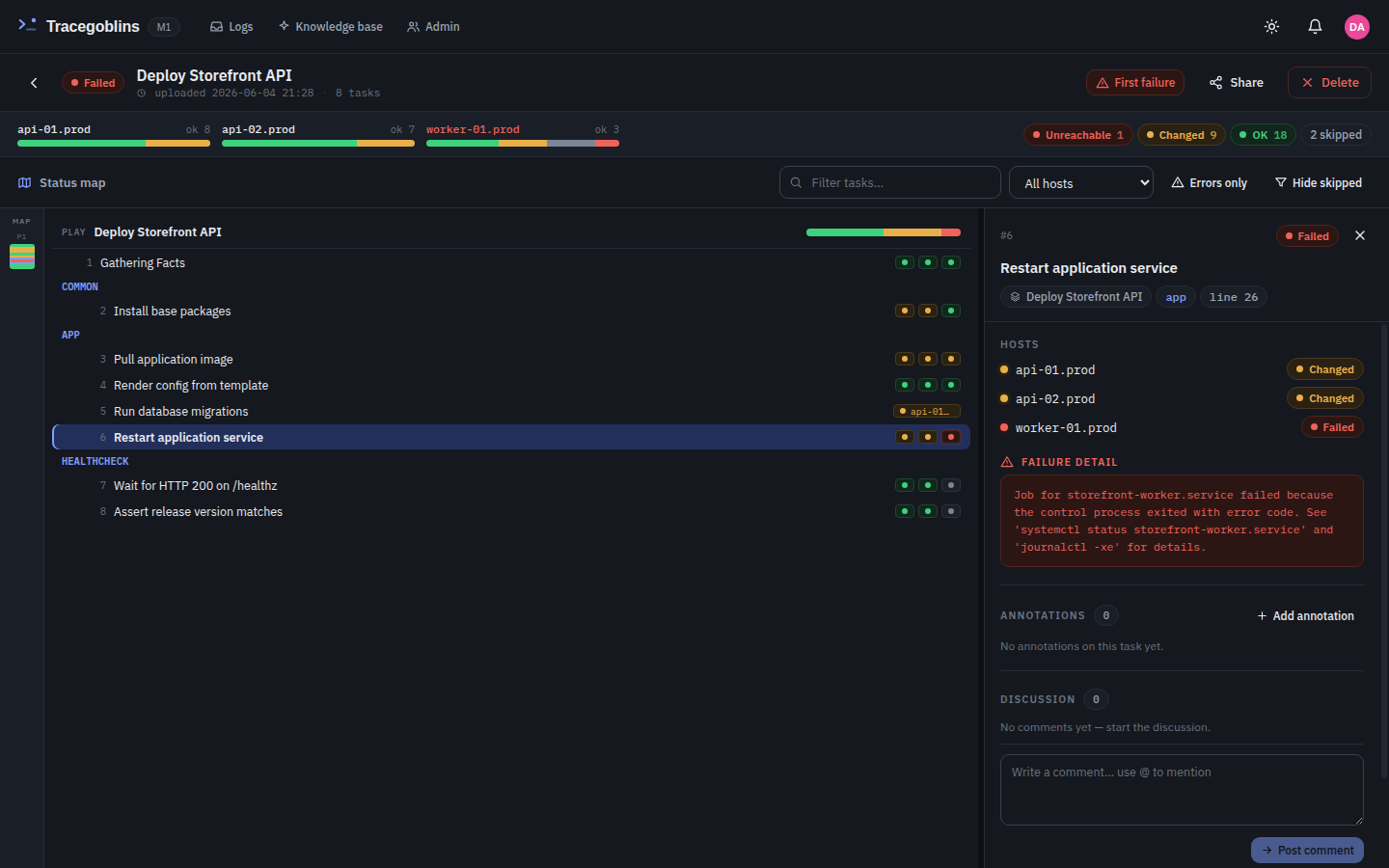 Tracegoblins failure detail drawer — affected hosts, raw Ansible output, annotations and threaded discussion